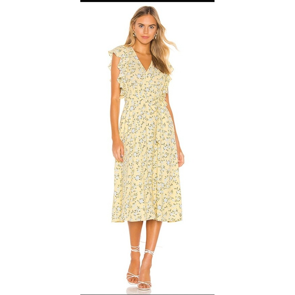 1.STATE Yellow Floral Ruffle Sleeve Wrap Midi Dress Size 2